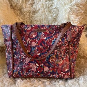 Sakroots Pink Multi-Color Floral Tote with Brown Trim